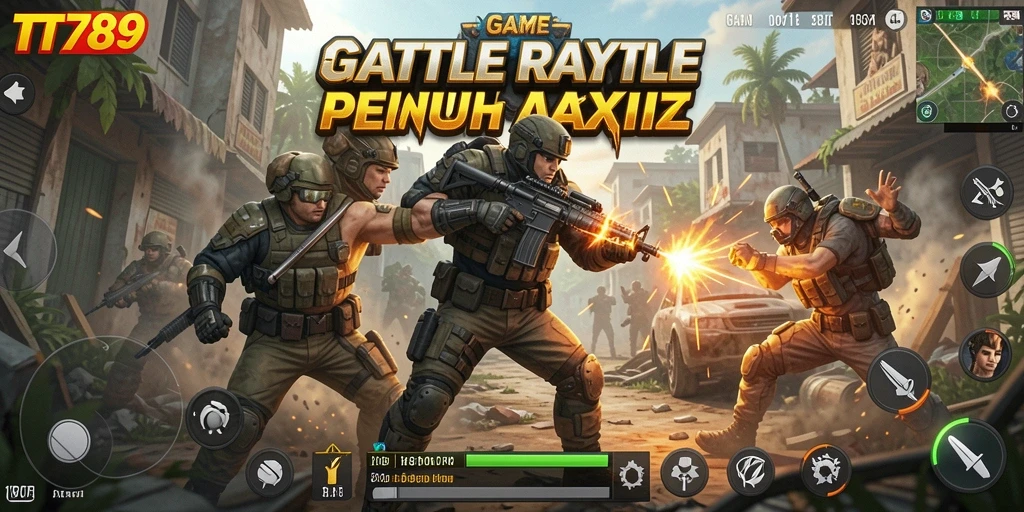Screenshot utama TT789 menampilkan aksi intens dalam pertarungan Battle Royale.